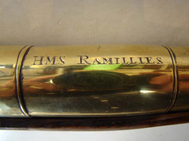 An early Queen Anne period brass barreled flintlock blunderbuss dated 1712 and used on board the H M S Ramillies — image 5